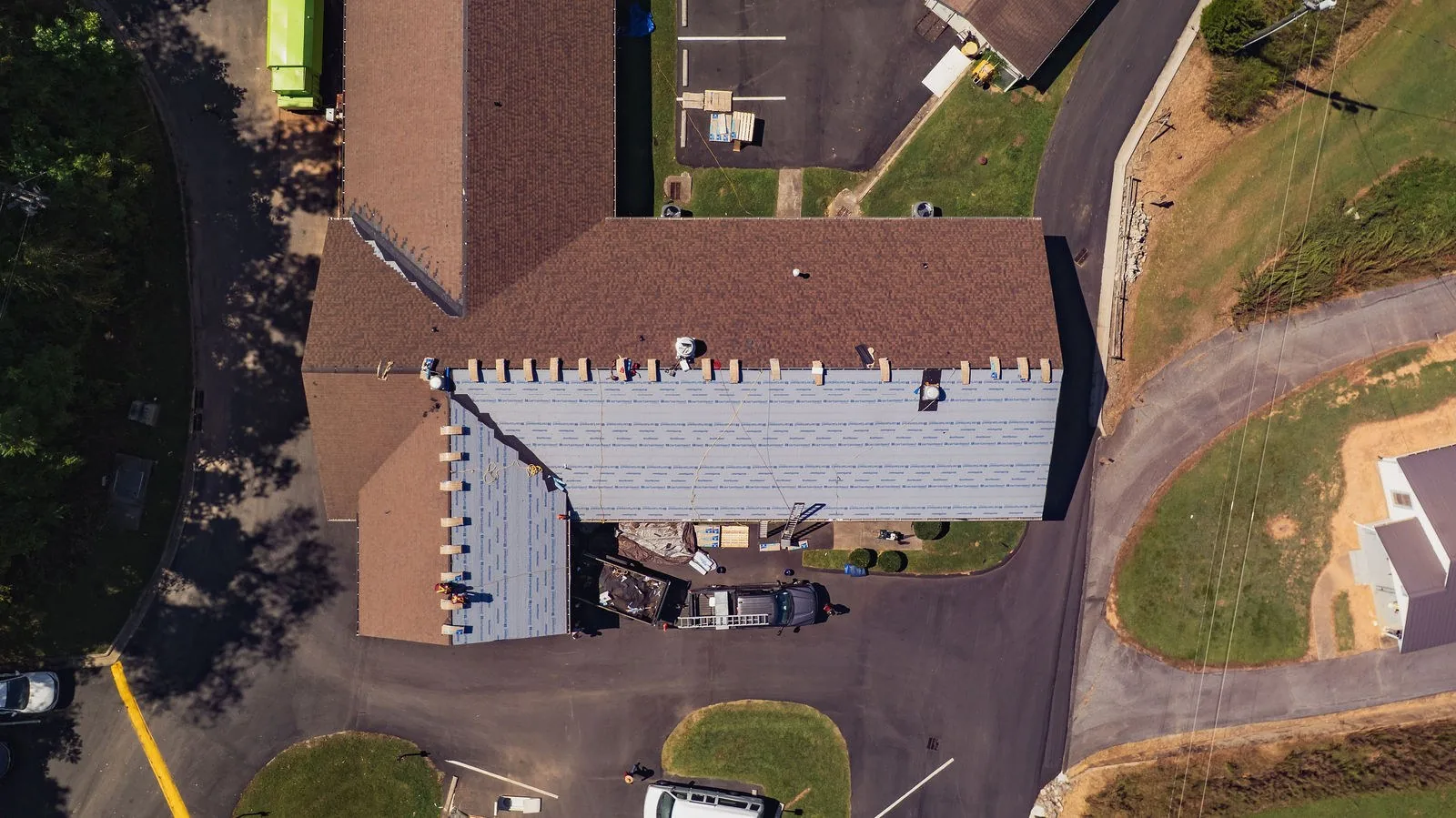 Commercial roof replacement viewed from above